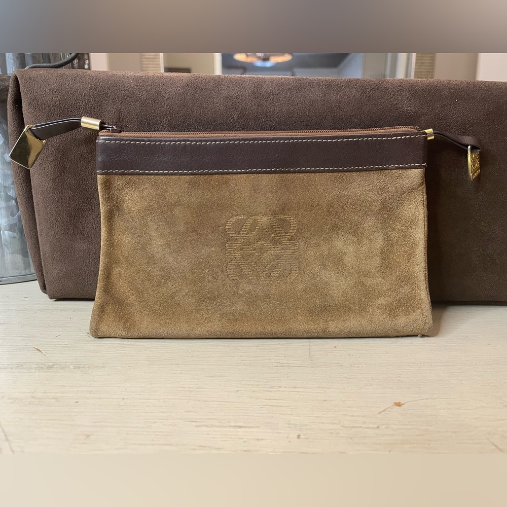 Loewe Tan Suede Folding Clutch with Brown Leather and Gold Accents